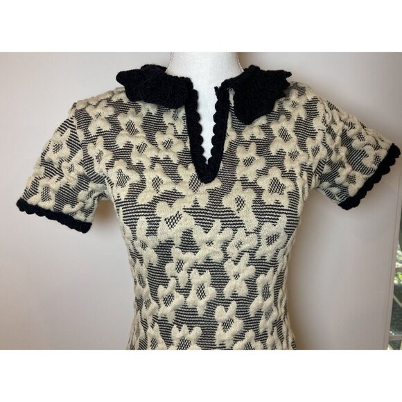 Tach Nana Jacquard Knit Dress Cream Black Floral Crochet Collar XS - Picture 2 of 5